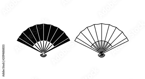 Vector illustration of set of folding fans, black silhouette and outline icon on a transparent background