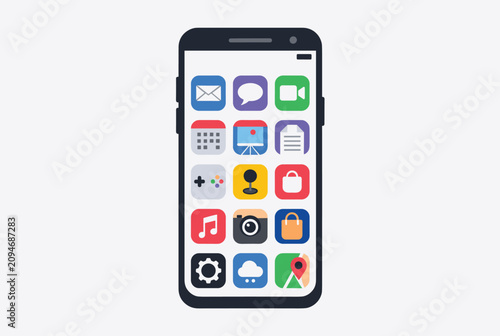 Modern smartphone displaying a grid of colorful mobile application icons on its blank white screen over a neutral background.