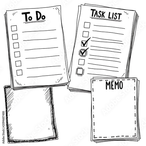 Hand Drawn to Do List Task List and Memo Papers Arranged on White Background