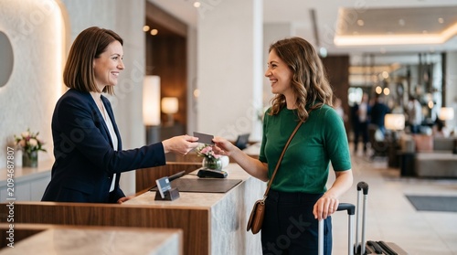 Smiling female hotel receptionist accepting credit card payment from happy woman tourist with suitcase at front desk lobby counter. Hospitality business, travel and check-in concept.