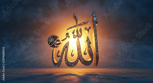 Ornate Arabic Allah Calligraphy Glowing in Dramatic Dark Background