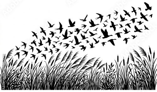 Canvas Print Wildlife birds over meadow grass black silhouette vector scene isolated on white