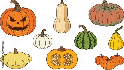 Photos Pumpkin and squash cartoon vector illustration collection featuring jack o lante