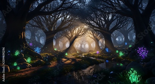 Enchanted Dark Forest Glowing with Bioluminescent Plants and Misty Sunlight