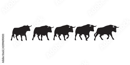 Bull walking silhouette set. A row of bull silhouettes in profile isolated on white background, ideal for cattle, ranch, livestock, farm, and animal graphics.