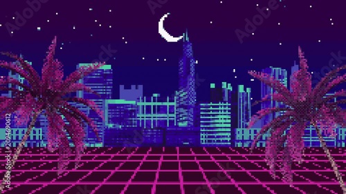 8-bit retro futuristic city at night with palm trees and crescent moon. Pixel loop animation.