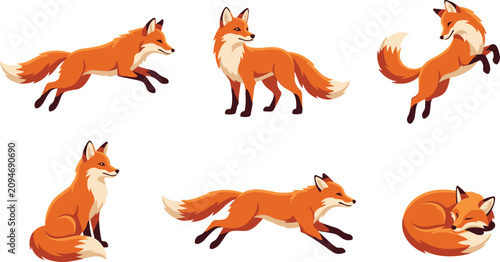 Schilderij op canvas Red fox cartoon vector illustration collection featuring running, standing, jump