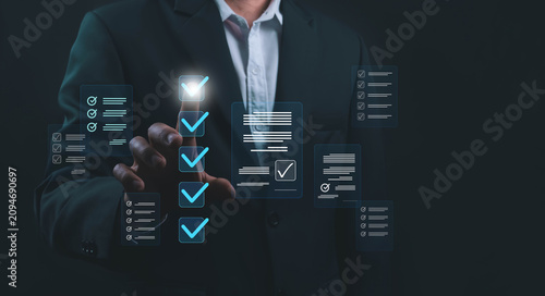 Business forms, checklists business people are marking digital checkboxes on their laptops. Document verification, checklists, task management, review process, modern digital workspace.