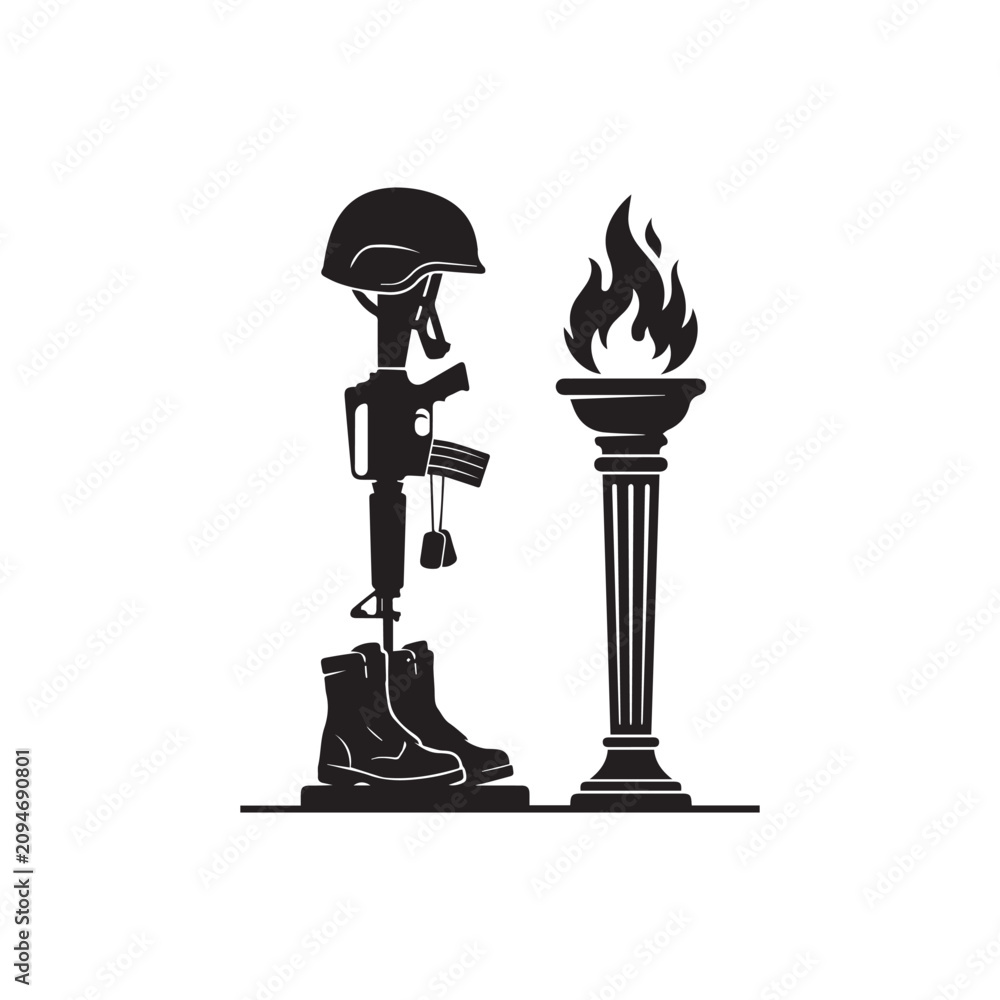 Fototapeta premium Eternal Flame Memorial Soldier Silhouette. A military soldier standing beside an eternal flame memorial isolated on white background, representing remembrance, honor, sacrifice, patriotism. 