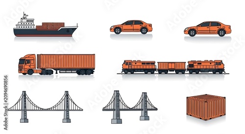 Orange Transportation Icons Arranged on White Background