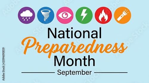 National Preparedness Month banner for September. Colorful awareness ribbon icons with emergency readiness text. Promotional graphic for disaster p...