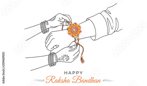 Raksha Bandhan Sister Tying Rakhi on Brothers Hand Line Art Illustration Isolated on White