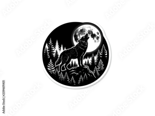 Howling Wolf Full Moon Nature Silhouette Sticker Vector. Wild Animal Wilderness Spirit Forest Icon Isolated.