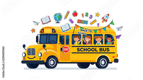 Happy Children in Yellow School Bus, Back to School Concept, Education Fun