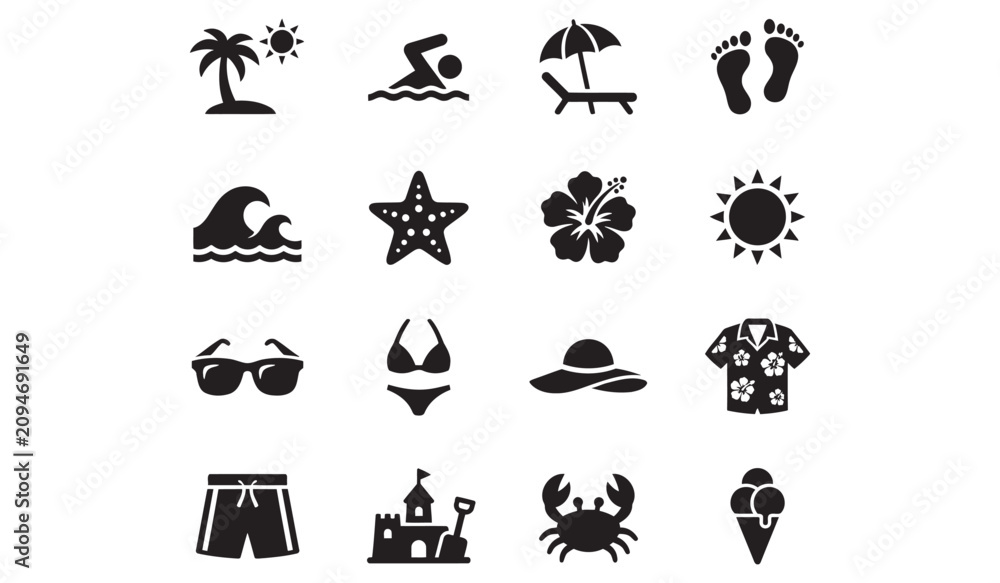 Fototapeta premium Summer Beach Vacation Black Silhouette Icons Set Isolated on White