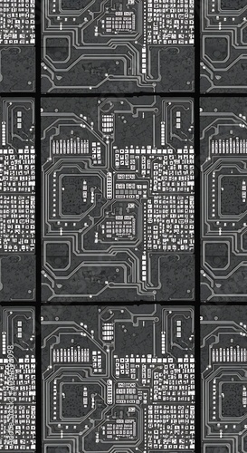 Monochrome Circuit Board Pattern Repeating Across Electronic Technology Surface