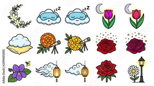Canvastavla Night garden icons with moon, clouds, and flowers.