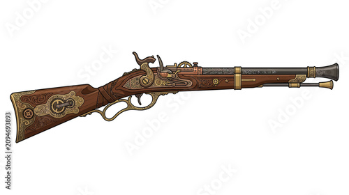 Foto Antique Flintlock Rifle, Ornate Wood and Metal, Historical Firearm