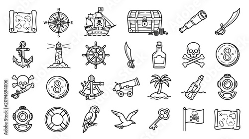 Pirate Icons Collection: Treasure Map, Ship, Compass, Skull, Chest & More