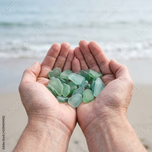 Cupped Human Hands Holding Frosted Green Sea Glass Treasure on Sandy Beach with Soft Ocean Waves Background, Sustainable Environmental Mindfulness Concept, Flexible Layout