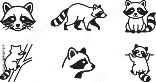 Cartoon raccoon characters in playful poses and activities Vector