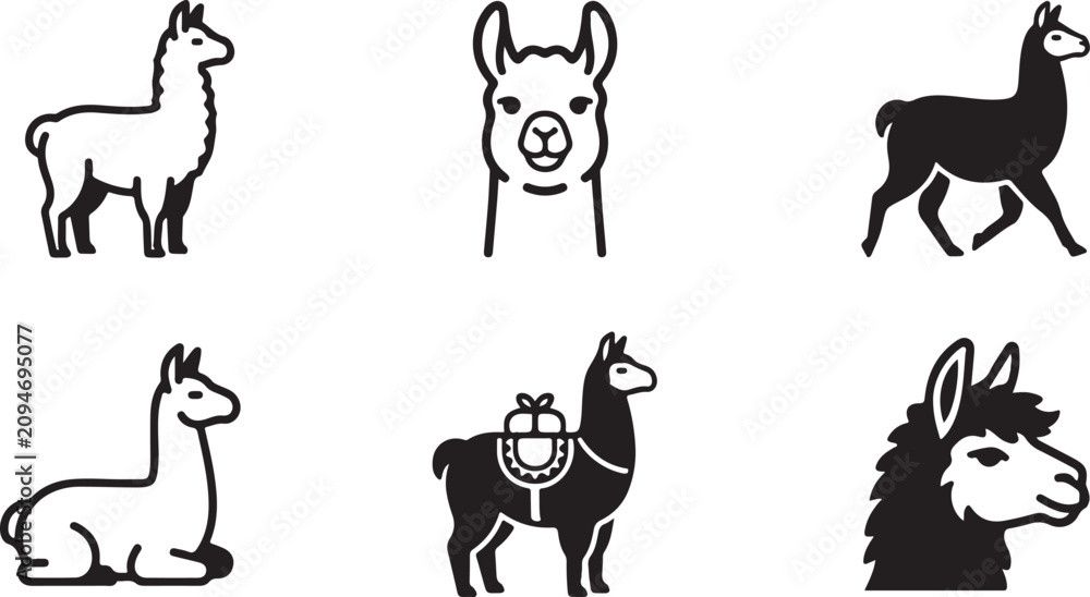 Fototapeta premium Black and white llama icons in different poses and styles Vector