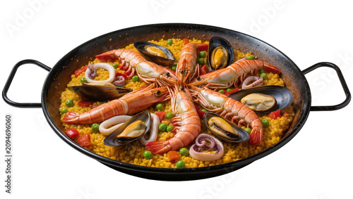 Isolated traditional Spanish seafood paella with golden rice, prawns, mussels, and squid in a black pan