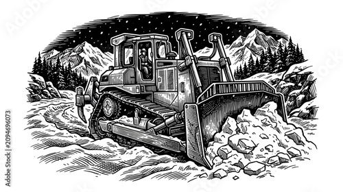 Foto Bulldozer Clearing Snow Mountains Winter Night Illustration