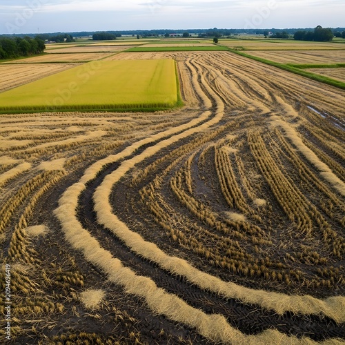 Golden Harvested Rice Field with Curved Straw Rows in Rural Farmland