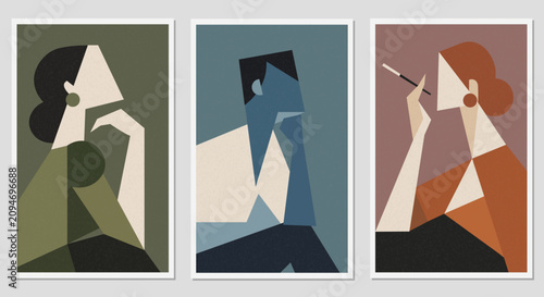 Set of abstract posters with people portraits. Geometric vector illustration. Wall art