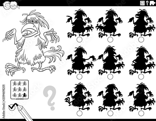 shadow puzzle activity with funny cartoon feathered monster character coloring page