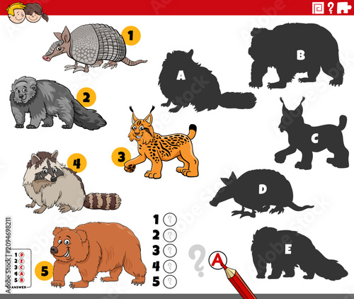 finding shadows puzzle with cartoon wild animal characters