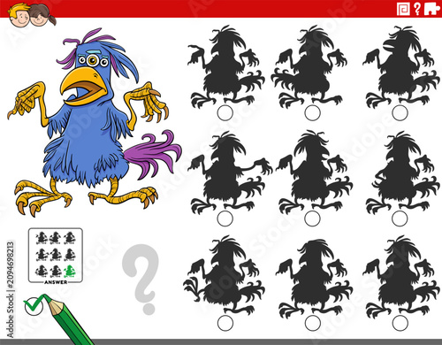 shadow puzzle activity with funny cartoon feathered monster character