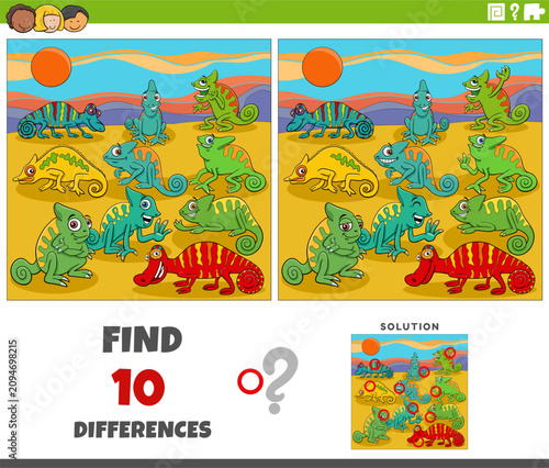 differences activity with cartoon chameleons animal characters group