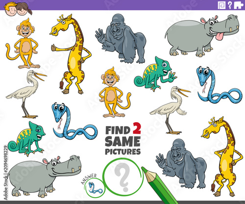 find two same cartoon wild animal characters educational activity