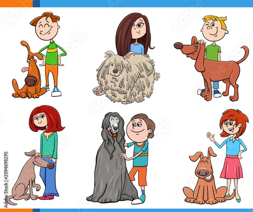 cartoon  girls and boys characters and their dogs set