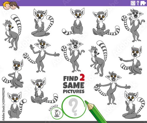 find two same cartoon lemurs animal characters educational activity