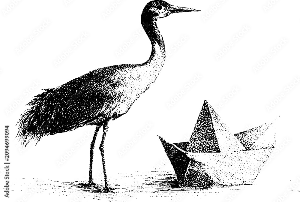 Obraz premium Crane with origami paper boat and geometric shapes black and white stippled drawing for banner and poster design