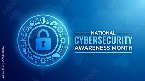 Cybersecurity lock icon glowing on digital background. Secure data protection symbol with futuristic tech design. National awareness month concept...