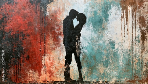 Silhouetted couple embracing against a vibrant, textured, abstract backdrop