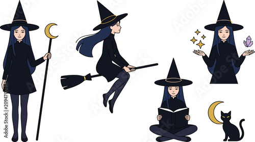 Foto Cute witch cartoon vector illustration collection featuring magic staff, flying