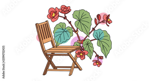 Wooden folding chair with red flowering plant.