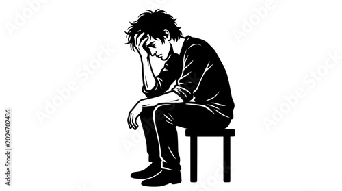 A black and white illustration of a young man sitting and feeling depressed.