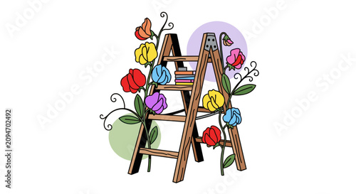 Wooden ladder with colorful garden flowers.