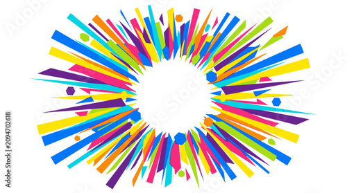 Abstract colorful explosion background with radial geometric shapes and central copy space.