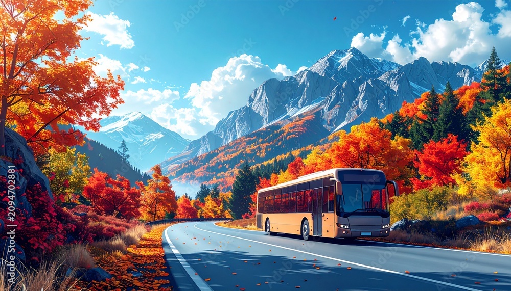 Obraz premium バス旅紅葉山道背景素材