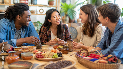 Friends Sharing Cultural Exchange at Community Table