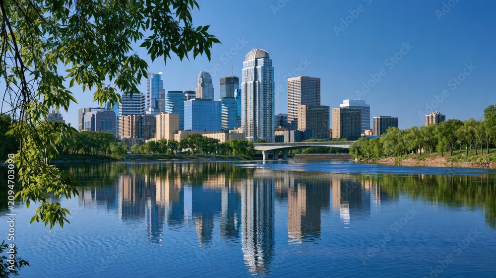 Fototapeta premium Serene cityscape reflected in calm water, framed by lush green trees