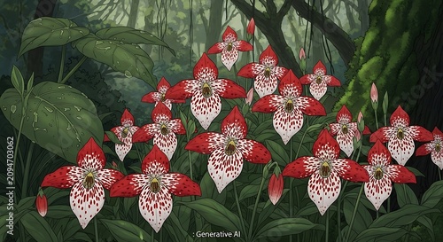 Red Spotted Tropical Orchids Blooming in Lush Rainforest Understory