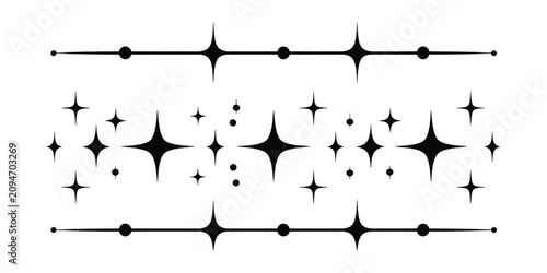 Photography Divider line vector set, minimalist black horizontal separators, centered star and dot accents, decorative border elements, transparent background